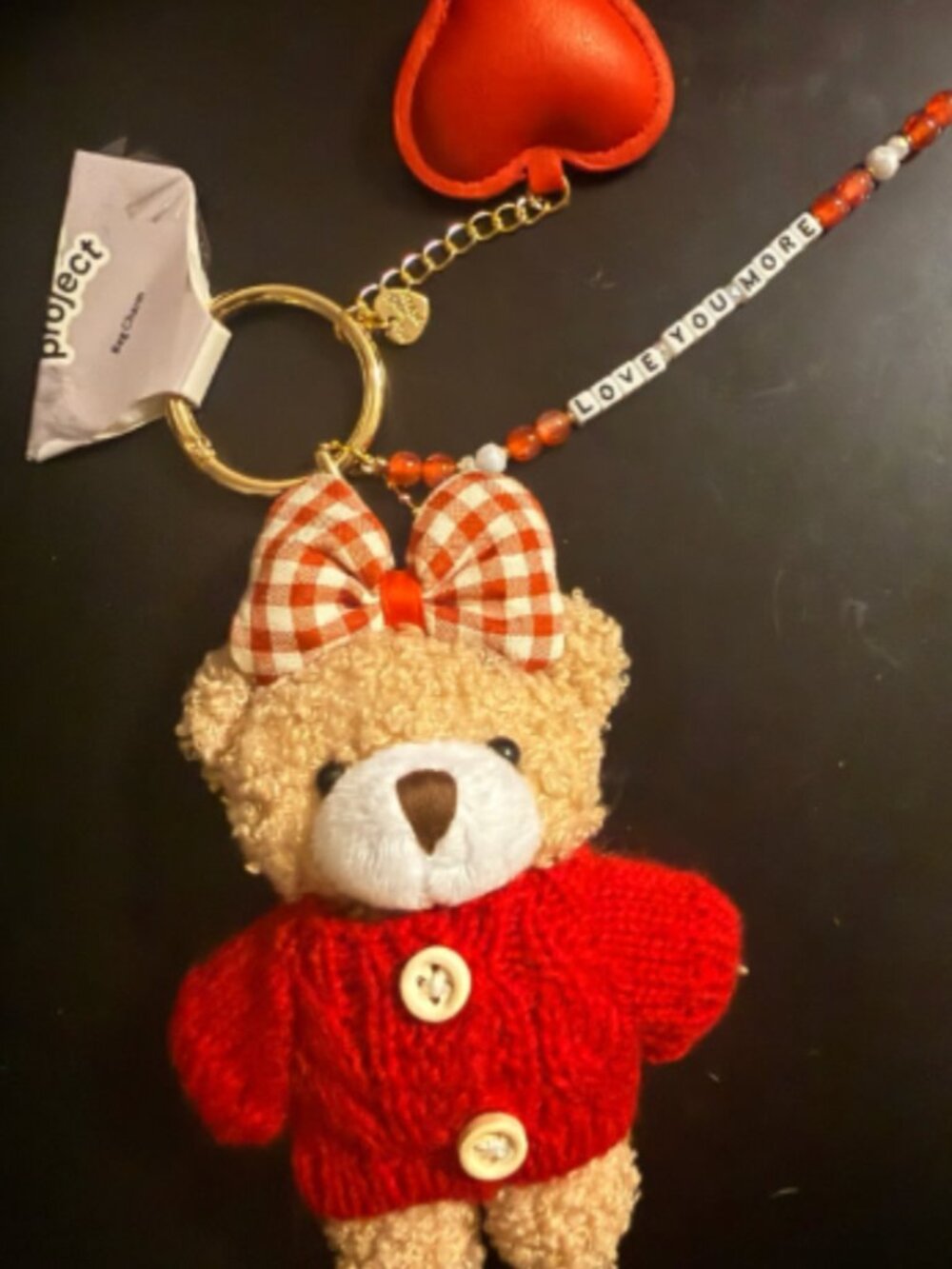 Little Words Project "Love You More" Plush Teddy Bear Bag Charm Keychain Red